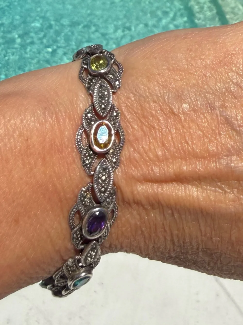 Vintage 925 Silver Marcasite Multi Gemstone Bracelet Amethyst Citrine Art Deco - Picture 2 of 8